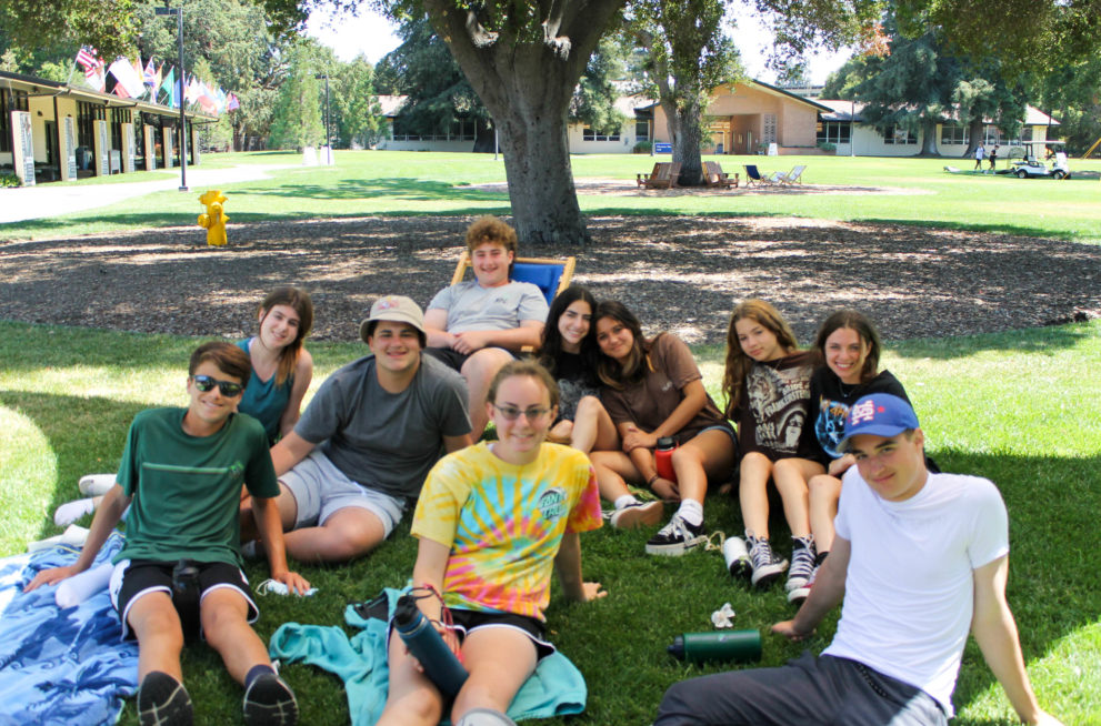 Group of kids hanging out together on the grass.