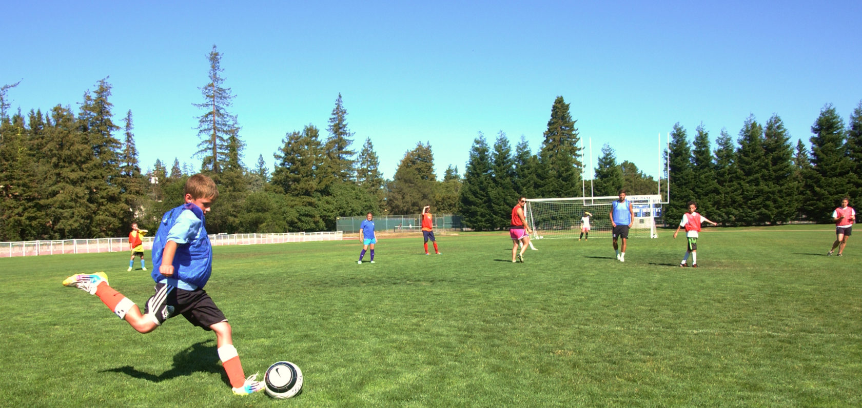 Boy mid kick during a soccer game.